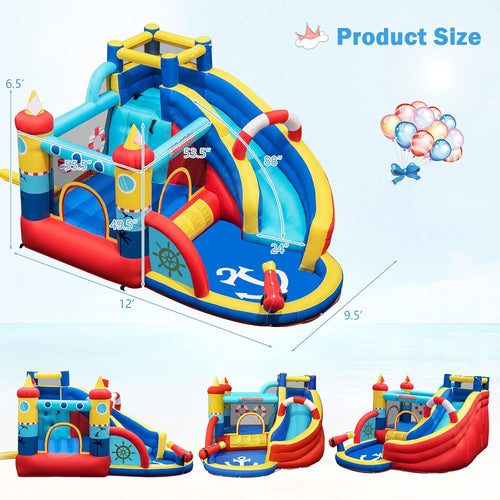 OLAKIDS Nautical Inflatable Water Slide, Bouncy Castle with Splash Pool, Climbing Wall & Water Gun, Includes Carry Bag, Repair Kit & Stakes