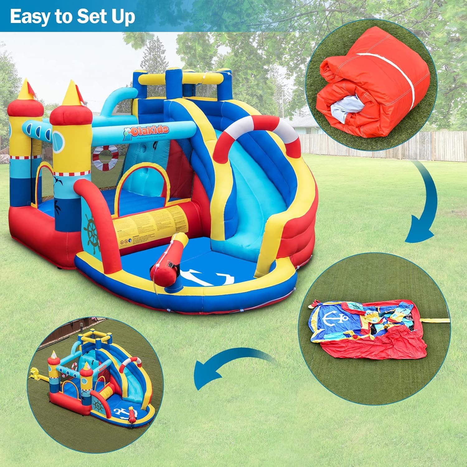 OLAKIDS Nautical Inflatable Water Slide, Bouncy Castle with Splash Pool, Climbing Wall & Water Gun, Includes Carry Bag, Repair Kit & Stakes