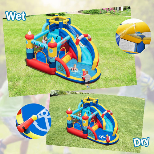 OLAKIDS Nautical Inflatable Water Slide, Bouncy Castle with Splash Pool, Climbing Wall & Water Gun, Includes Carry Bag, Repair Kit & Stakes