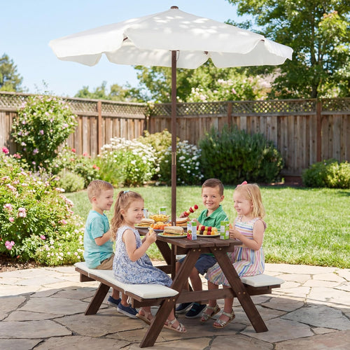 OLAKIDS Kids Wooden Picnic Table Set with Cushions & Foldable Umbrella for Outdoor Patio