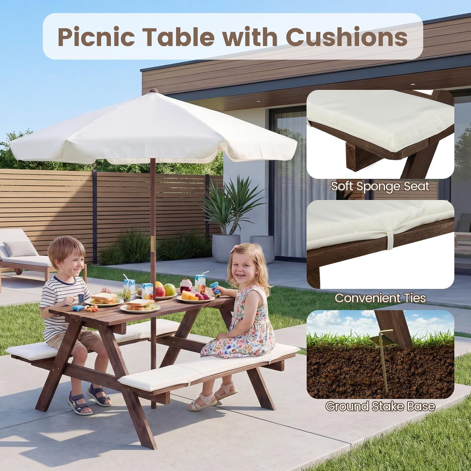 OLAKIDS Kids Wooden Picnic Table Set with Cushions & Foldable Umbrella for Outdoor Patio