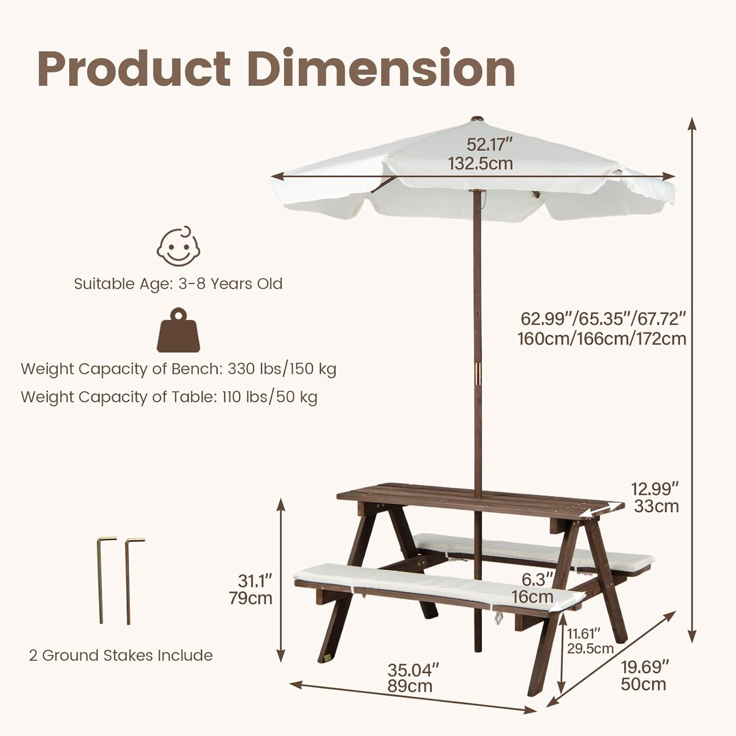 OLAKIDS Kids Wooden Picnic Table Set with Cushions & Foldable Umbrella for Outdoor Patio