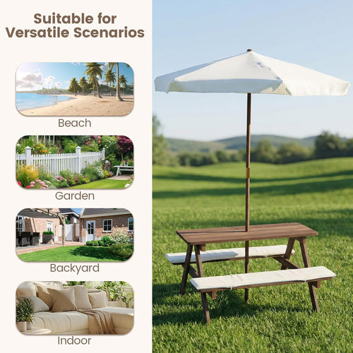 OLAKIDS Kids Wooden Picnic Table Set with Cushions & Foldable Umbrella for Outdoor Patio
