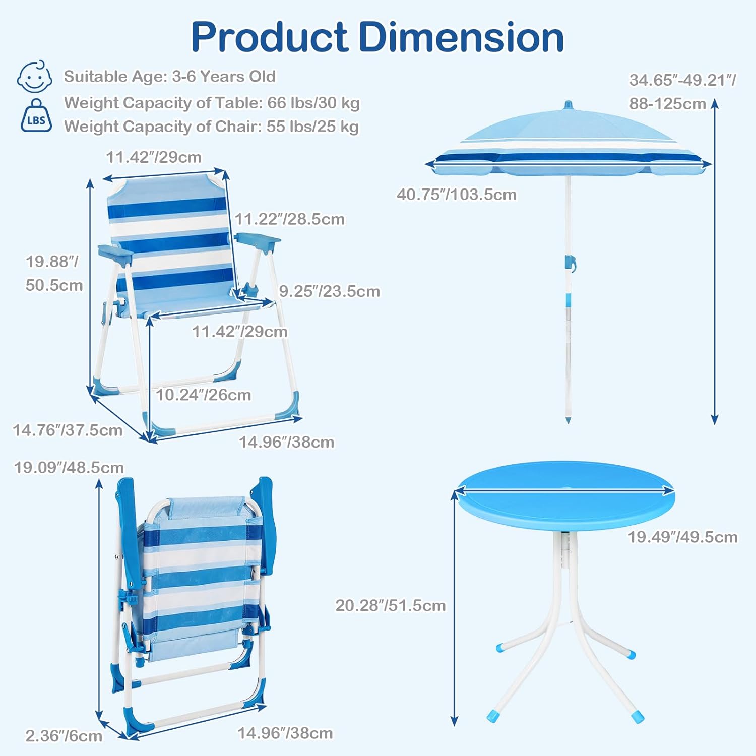 kids patio set with umbrella Olakids Kids Picnic Table, Outdoor Toddler Patio Furniture Set with 2 Folding Chairs Adjustable Foldable Umbrella for Garden Backyard Beach Blue