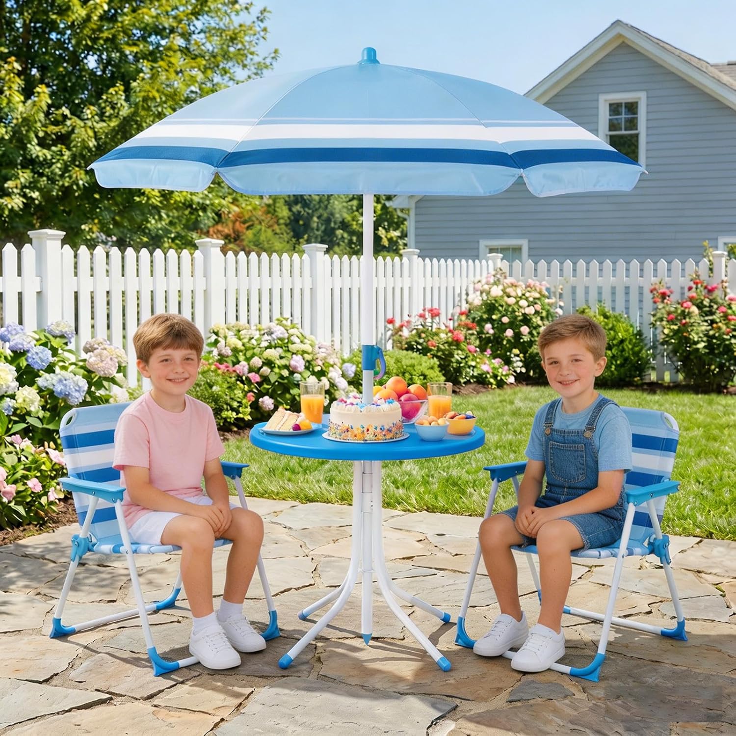 Olakids Kids Picnic Table, Outdoor Toddler Patio Furniture Set with 2 Folding Chairs Adjustable Foldable Umbrella for Garden Backyard Beach