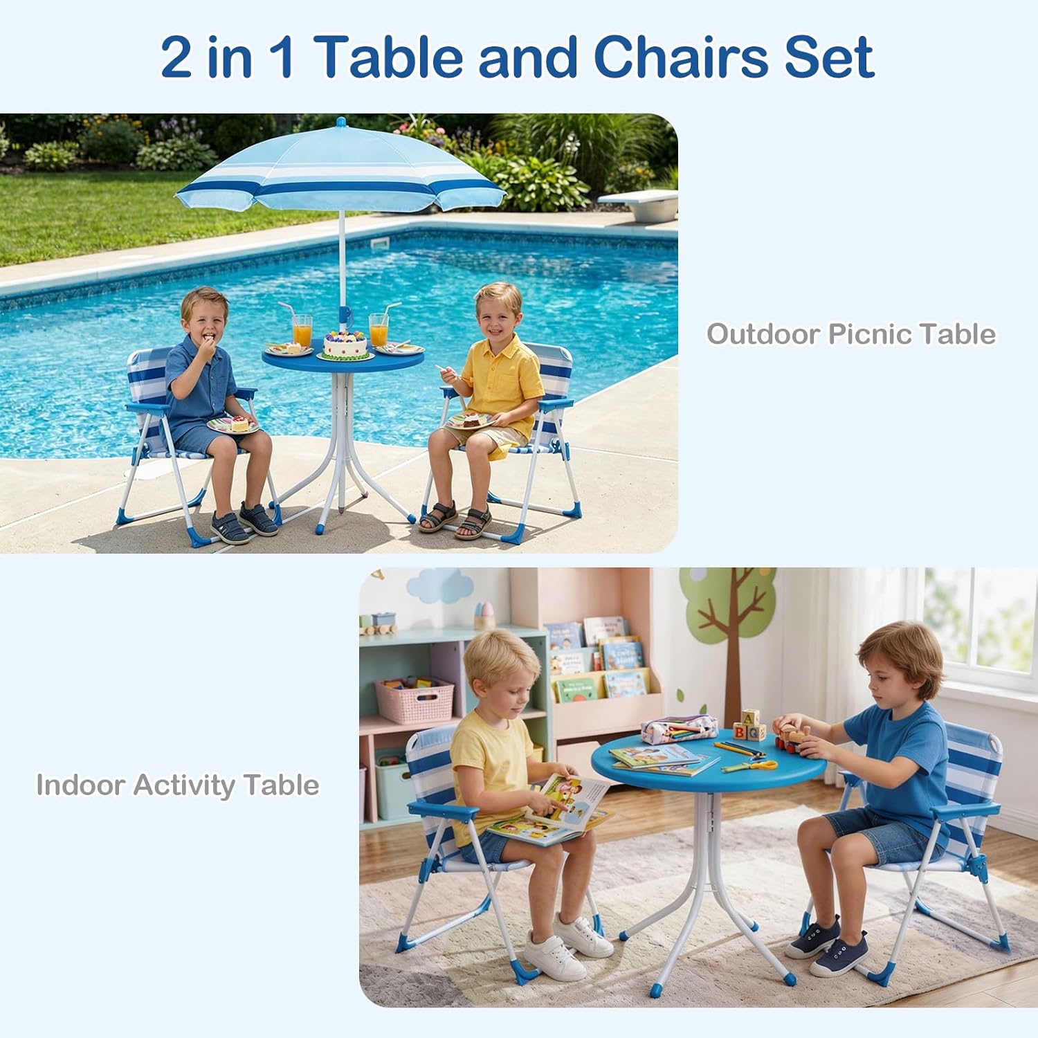 foldable patio set with umbrella Olakids Kids Picnic Table, Outdoor Toddler Patio Furniture Set with 2 Folding Chairs Adjustable Foldable Umbrella for Garden Backyard Beach Blue