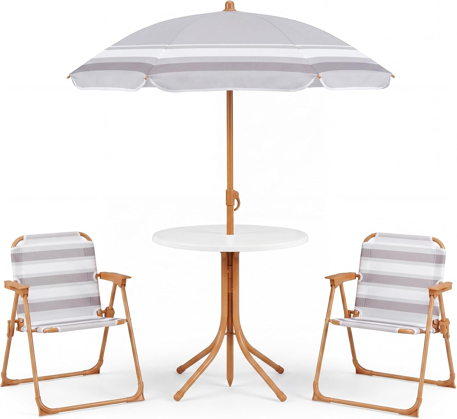 Olakids Kids Picnic Table, Outdoor Toddler Patio Furniture Set with 2 Folding Chairs Adjustable Foldable Umbrella for Garden Backyard Beach Khaki