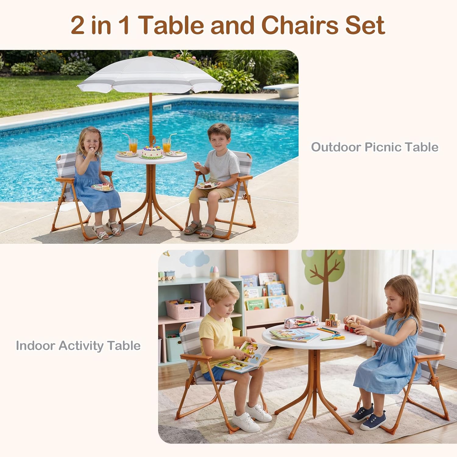 OLAKIDS  Toddler Outdoor Picnic Table Set with Umbrella Khaki