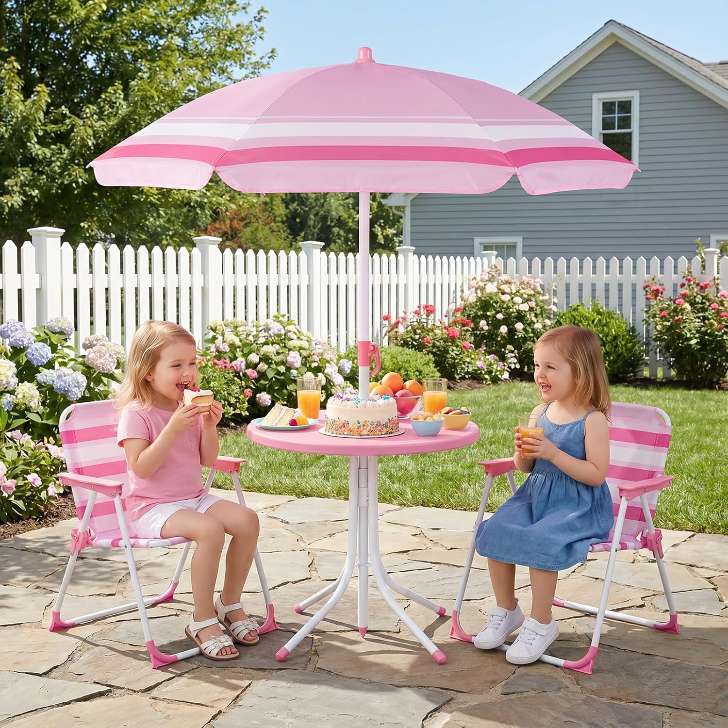 foldable patio set with umbrella Olakids Kids Picnic Table, Outdoor Toddler Patio Furniture Set with 2 Folding Chairs Adjustable Foldable Umbrella for Garden Backyard Beach Blue