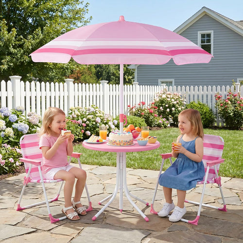 Olakids Kids Picnic Table, Outdoor Toddler Patio Furniture Set with 2 Folding Chairs Adjustable Foldable Umbrella for Garden Backyard Beach