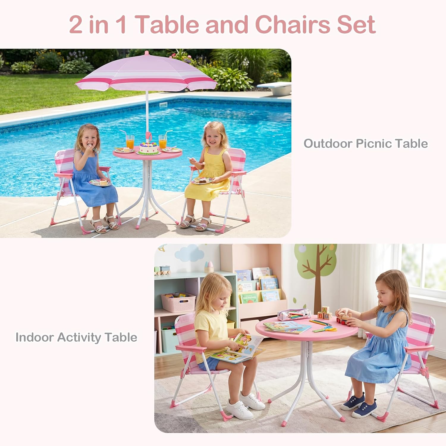 children's patio set umbrella Olakids Kids Picnic Table, Outdoor Toddler Patio Furniture Set with 2 Folding Chairs Adjustable Foldable Umbrella for Garden Backyard Beach Blue