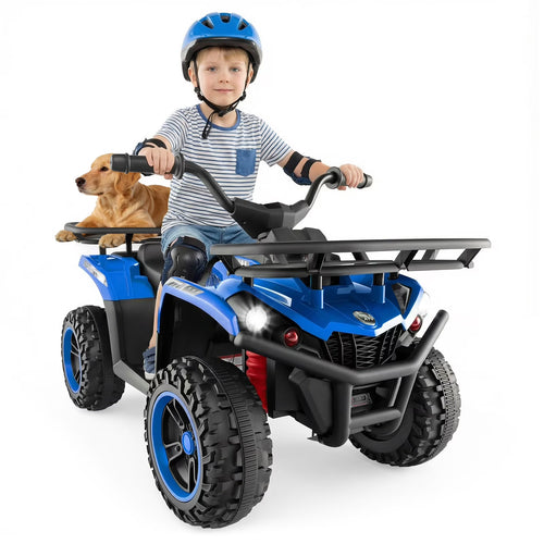 OLAKIDS 24V Kids ATV Quad with 5Mph Max Speed, Spring Suspension, LED Lights, Music & Story Player, Big Tires, 2 Storage Spaces, Ride On Car for Boys Girls Ages 3+