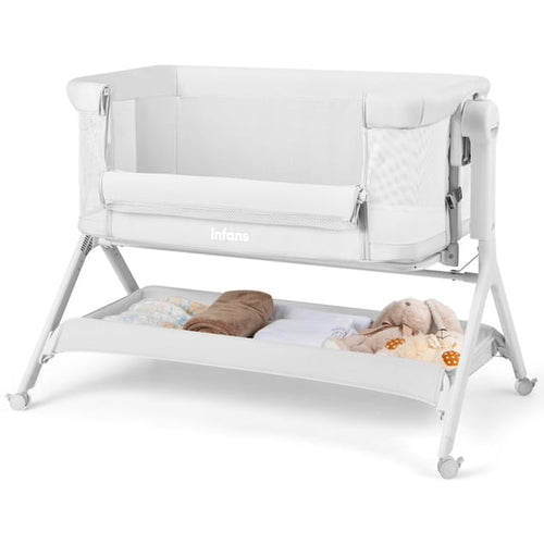 INFANS 5 in 1 Baby Bassinet, Upgraded Flat Rocking Bedside Sleeper with Wheels, Storage Basket, Travel Bag