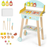 OLAKIDS Barbecue Grill Playset, Kids Wooden Pretend BBQ Toy Set with 21 Food Accessories, Role Play Kitchen Cooking Set Gift for Toddlers Boys Girls Age 3+
