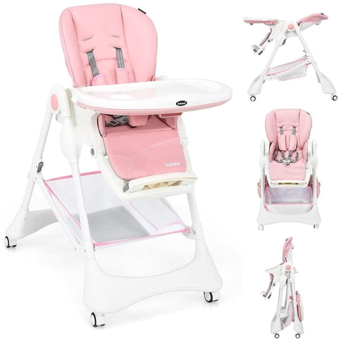 INFANS High Chair with One-Hand Removable Tray, 4 Lockable Wheels & Large Storage Basket - Multi-Adjustable Height