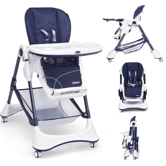 INFANS High Chair with One-Hand Removable Tray, 4 Lockable Wheels & Large Storage Basket - Multi-Adjustable Height