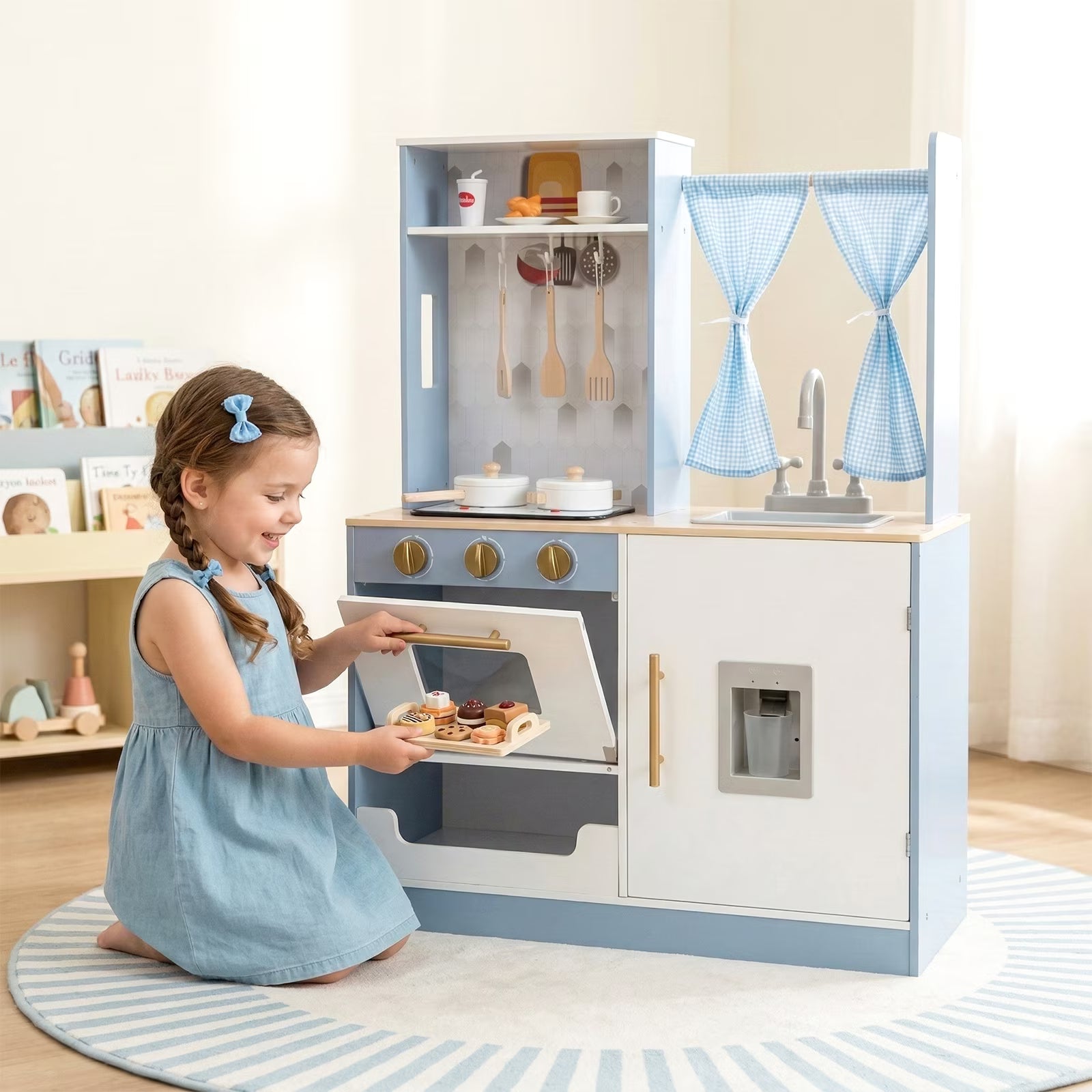OLAKIDS Wooden Kids Kitchen Playset with Microwave, Pretend Cooking Toy Set