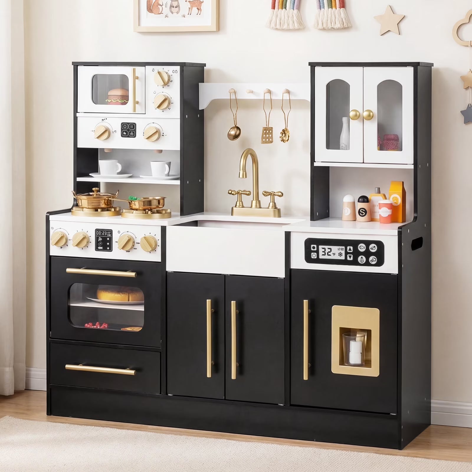 OLAKIDS Kids Kitchen Playset, Wooden Pretend Play Kitchen with Realistic Light Sound 14 Accessories, Toddler Cooking Toy for Boys Girls Aged 3+