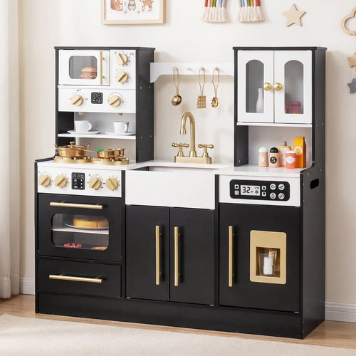 OLAKIDS Kids Kitchen Playset, Wooden Pretend Play Kitchen with Realistic Light Sound 14 Accessories, Toddler Cooking Toy for Boys Girls Aged 3+