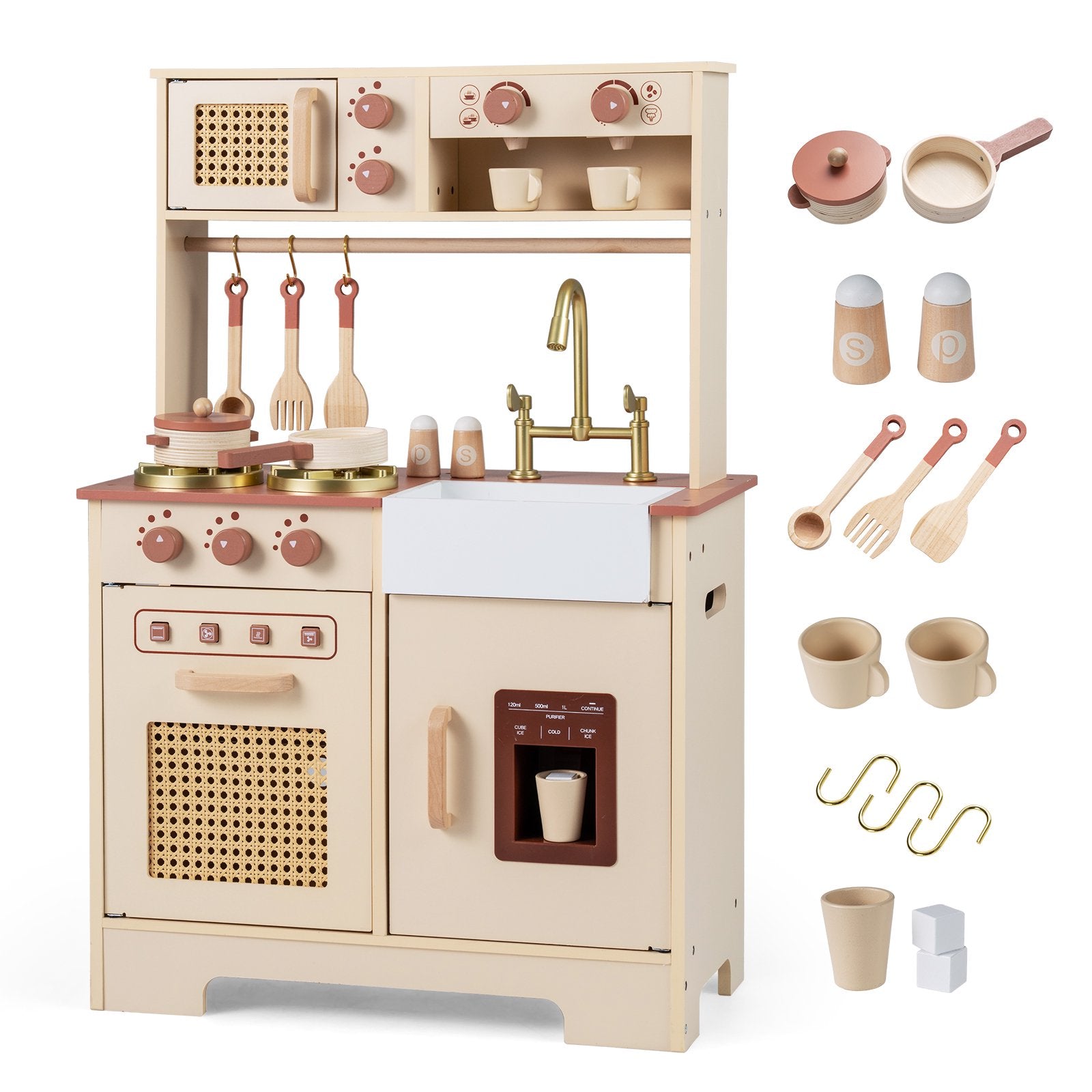 OLAKIDS Play Kitchen, Wooden Kids Cooking Toy with Realistic Lights Sounds, Ice Maker, Microwave, 14 Pretend Play Accessories for Boys Girls Ages 3+