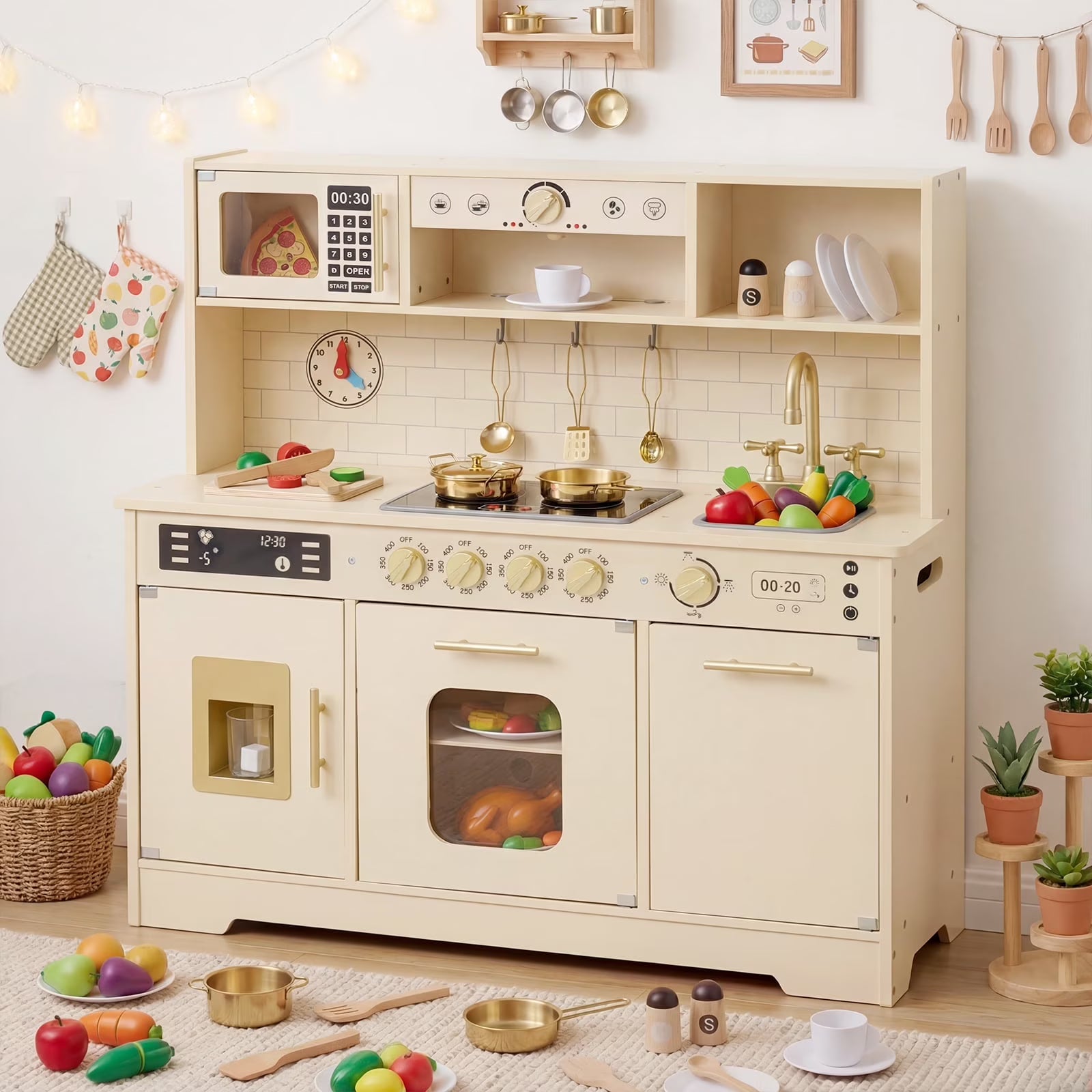 OLAKIDS Play Kitchen with Real Lights Sounds, Dishwasher, Coffee Machine, Wooden Pretend Cooking Toys with 17 Accessories for Boys Girls Ages 3+