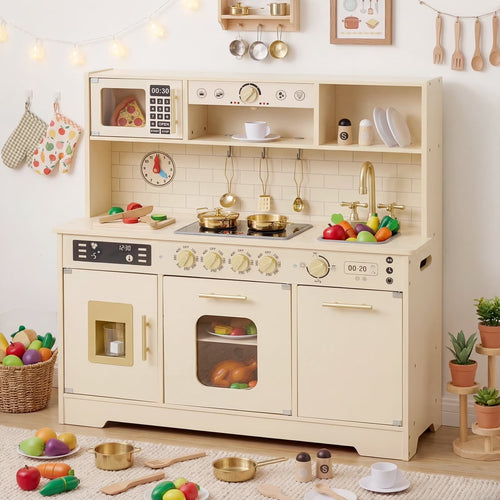 OLAKIDS Wooden Play Kitchen with Lights, Sounds, Dishwasher & Coffee Machine, Pretend Cooking Set for Ages 3+