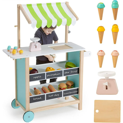 OLAKIDS Wooden Grocery Store Marketplace Toy, Supermarket Pretend Play, Extra Storage 6 Ice Creams Scales Bells Chalkboards, Fun Indoor Farmer's Market Stand Set Gift for Ages 3+