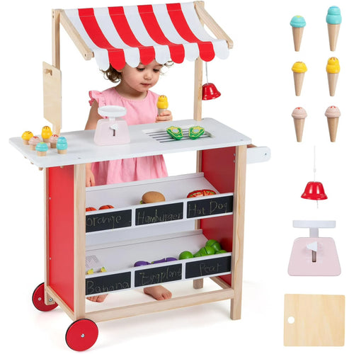 OLAKIDS Wooden Grocery Store Marketplace Toy, Supermarket Pretend Play, Extra Storage 6 Ice Creams Scales Bells Chalkboards, Fun Indoor Farmer's Market Stand Set Gift for Ages 3+