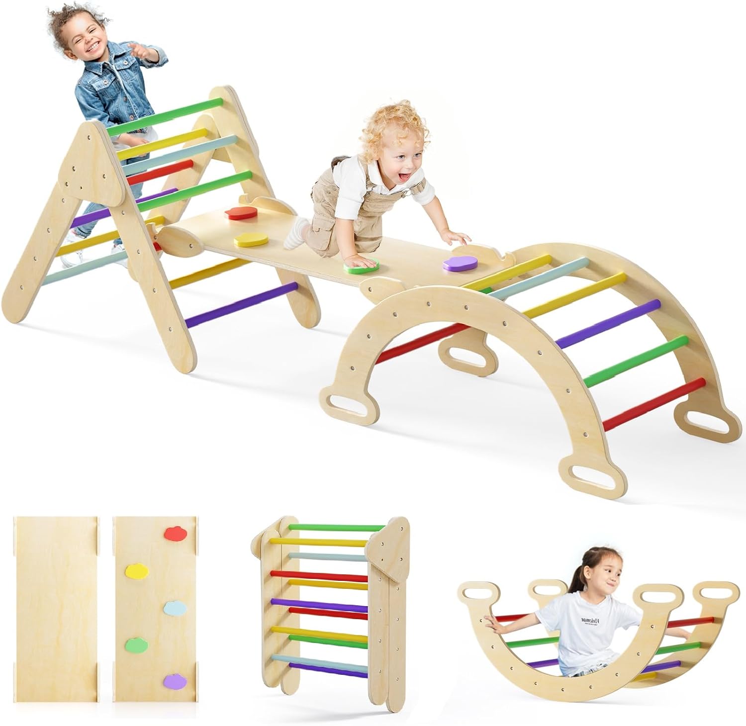 Olakids Pikler Triangle Set 7 in 1 Climbing Toys for 1-3 Inside Foldable Wood Montessori Jungle Gym