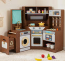OLAKIDS Corner Kids Kitchen Play Set, Toddler Wooden Pretend Toy Cooking Set with Range Hood Dishwasher Trash Bin Light Sound Stove Storage Cabinet, Realistic Play Kitchen Gift for Boys Girls
