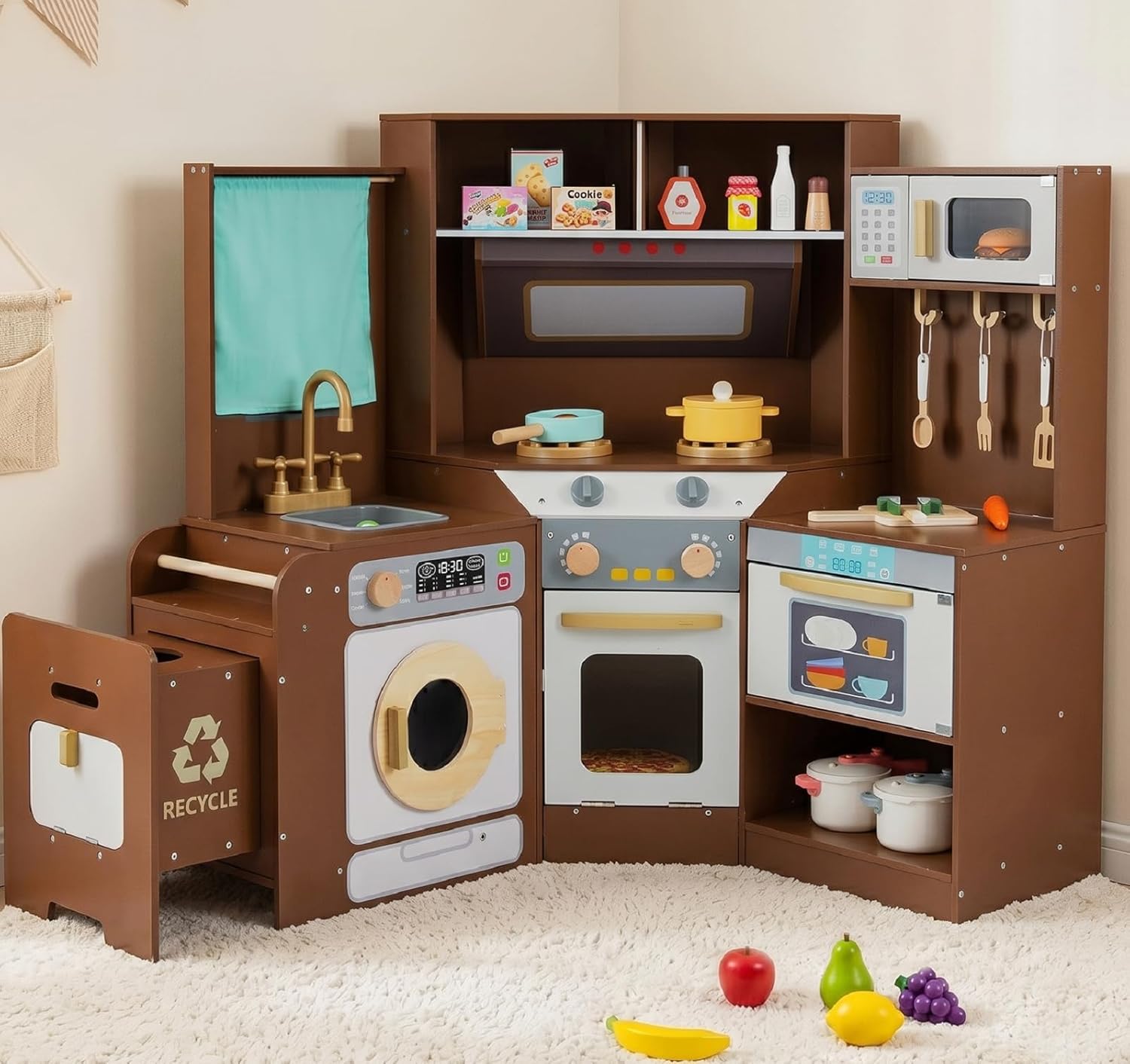 OLAKIDS Corner Kids Kitchen Play Set, Toddler Wooden Pretend Toy Cooking Set with Range Hood Dishwasher Trash Bin Light Sound Stove Storage Cabinet, Realistic Play Kitchen Gift for Boys Girls