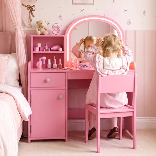 OLAKIDS Kids Vanity, Princess Makeup Desk and Chair Set with Lights Mirror, Pretend Play Vanity Set for Toddler Girls