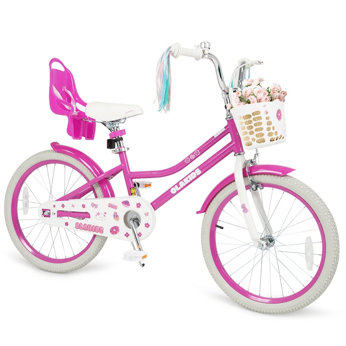 Olakids Girls Bike 12-18 Inch with Doll Seat Training Wheels Basket Dual Brakes, 20 Inch Without Training Wheels