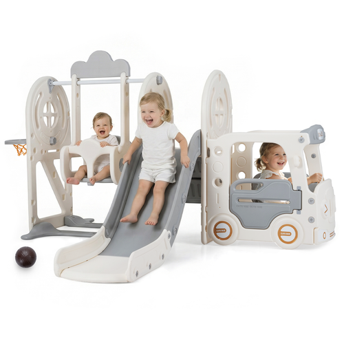 OLAKIDS 5 in 1 Bus Themed Toddler Slide & Swing Set with Climber, Basketball Hoop & Playhouse