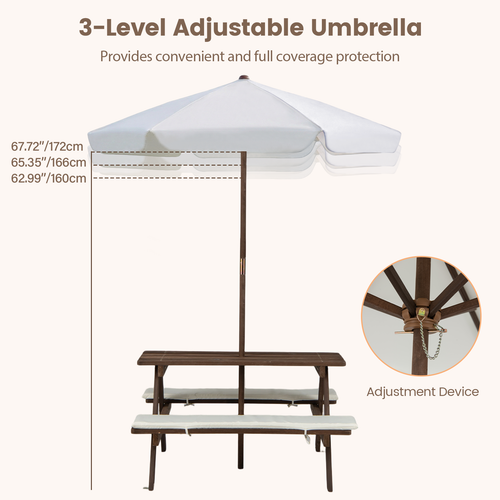 OLAKIDS Kids Wooden Picnic Table Set with Cushions & Foldable Umbrella for Outdoor Patio