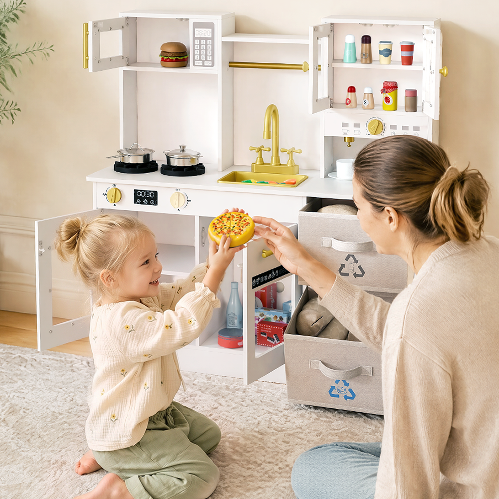 OLAKIDS Wooden Toddler Kitchen Playset with Realistic Lights, Sounds & Appliances