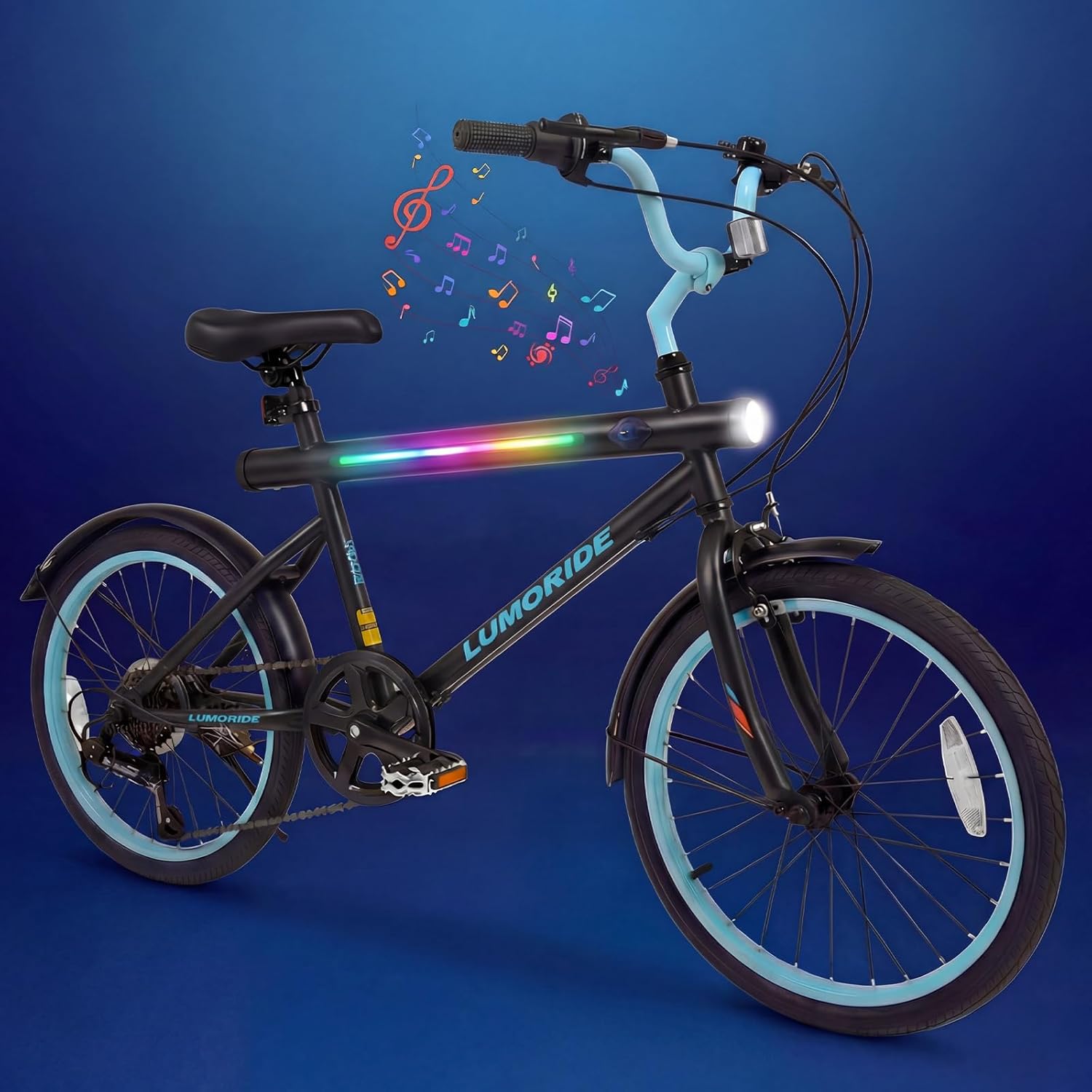 OLAKIDS 20" Kids Mountain Bike, 7 Lighting Modes, Bluetooth Music, 6 Speed, for Ages 6-14 Boys & Girls
