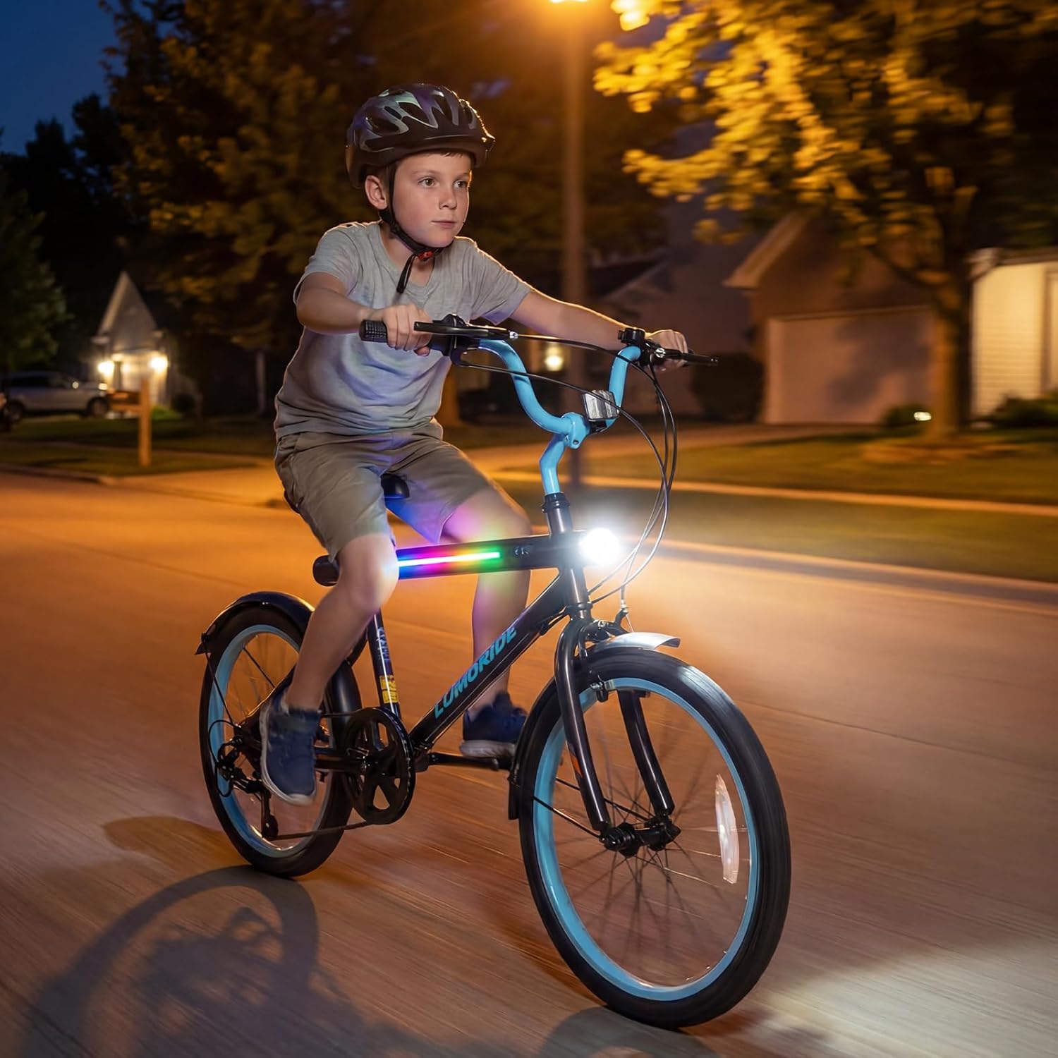 OLAKIDS 20" Kids Mountain Bike, 7 Lighting Modes, Bluetooth Music, 6 Speed, for Ages 6-14 Boys & Girls