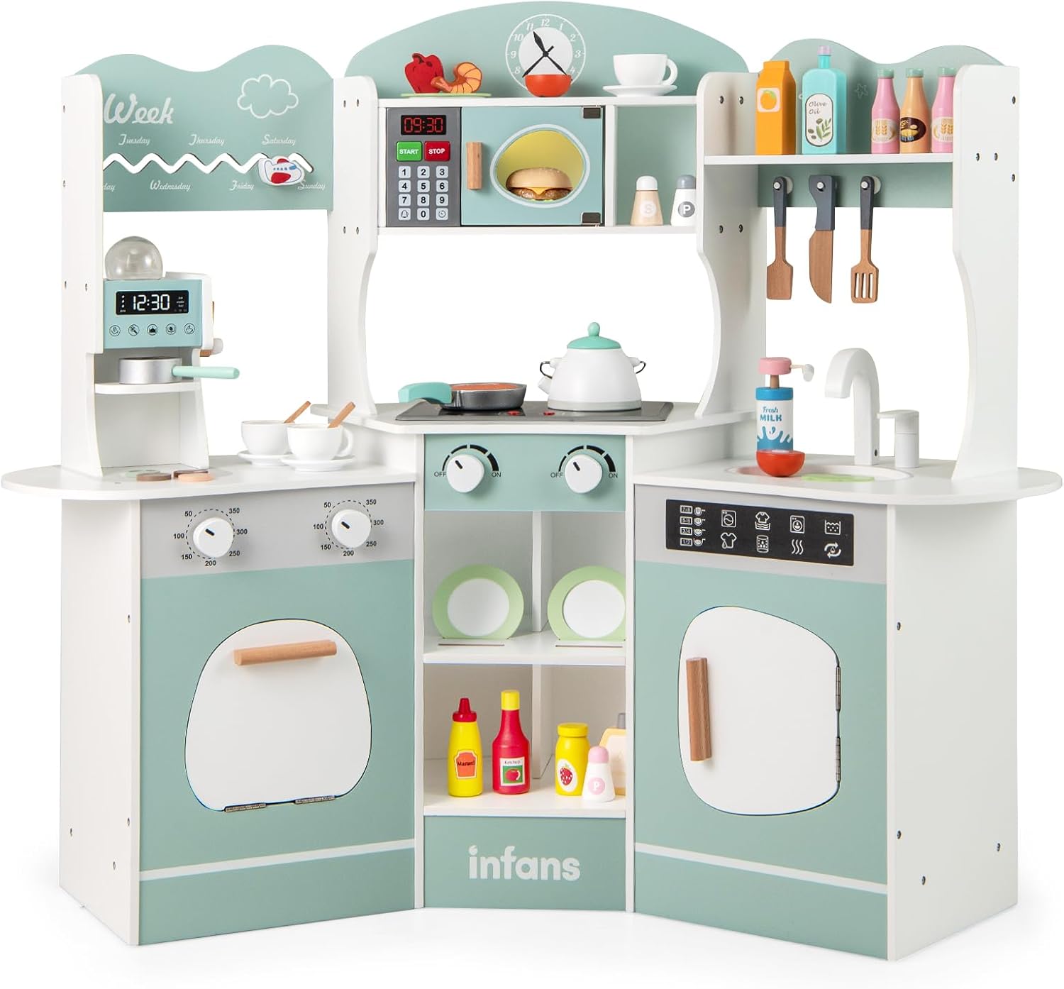 OLAKIDS Corner Kids Kitchen Playset, Toddler Wooden Pretend Cooking Set with Lights Sounds Coffee Machine Washing Dishwasher, Stove Removable Sink Storage, Simulation Play Kitchen Toy