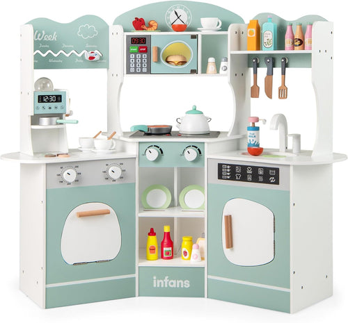 OLAKIDS Corner Kids Kitchen Playset, Toddler Wooden Pretend Cooking Set with Lights Sounds Coffee Machine Washing Dishwasher, Stove Removable Sink Storage, Simulation Play Kitchen Toy