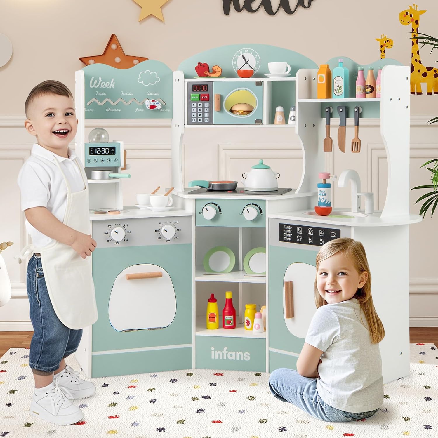 OLAKIDS Corner Kids Kitchen Playset with Lights, Sounds & Coffee Machine, Wooden Pretend Cooking Set