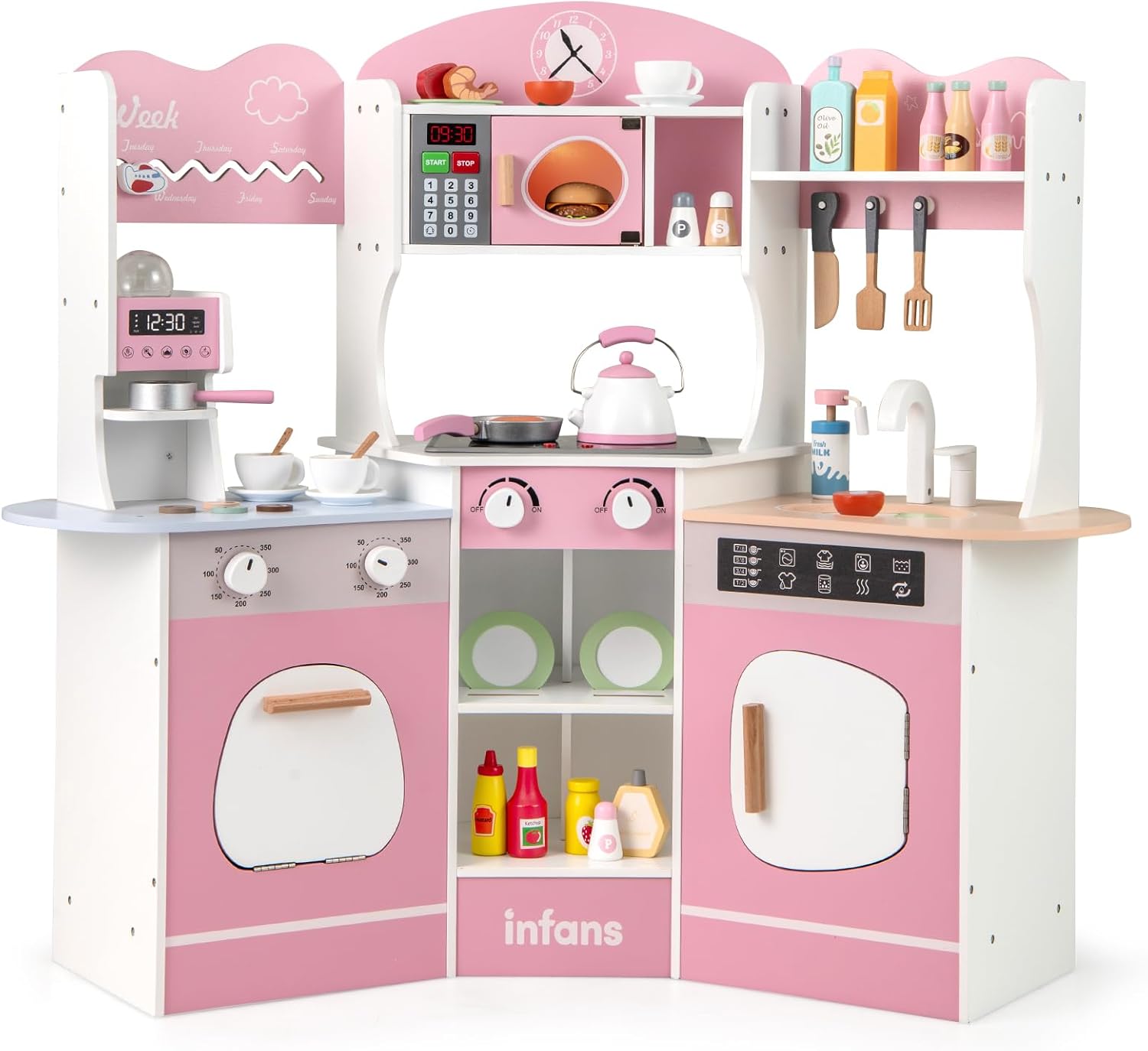 OLAKIDS Corner Kids Kitchen Playset, Toddler Wooden Pretend Cooking Set with Lights Sounds Coffee Machine Washing Dishwasher, Stove Removable Sink Storage, Simulation Play Kitchen Toy