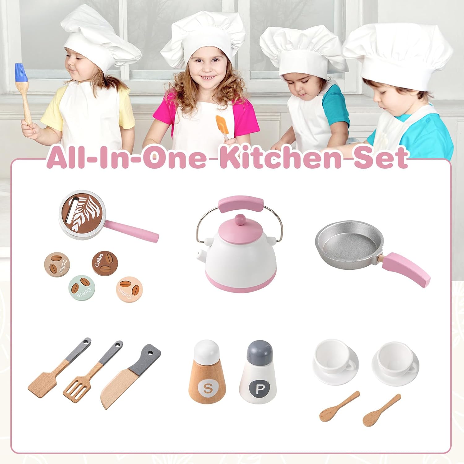 OLAKIDS Corner Kids Kitchen Playset, Toddler Wooden Pretend Cooking Set with Lights Sounds Coffee Machine Washing Dishwasher, Stove Removable Sink Storage, Simulation Play Kitchen Toy