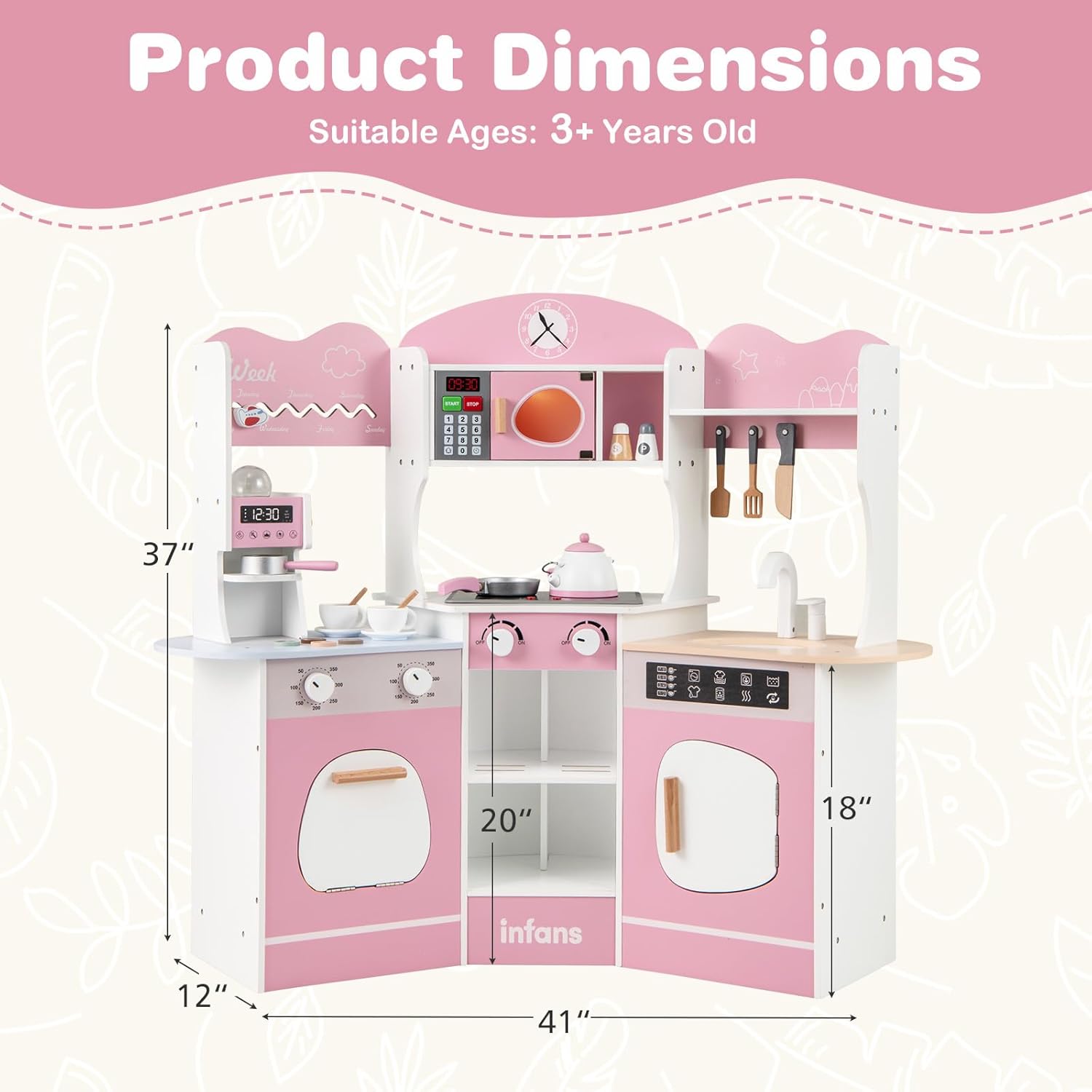 OLAKIDS Corner Kids Kitchen Playset, Toddler Wooden Pretend Cooking Set with Lights Sounds Coffee Machine Washing Dishwasher, Stove Removable Sink Storage, Simulation Play Kitchen Toy