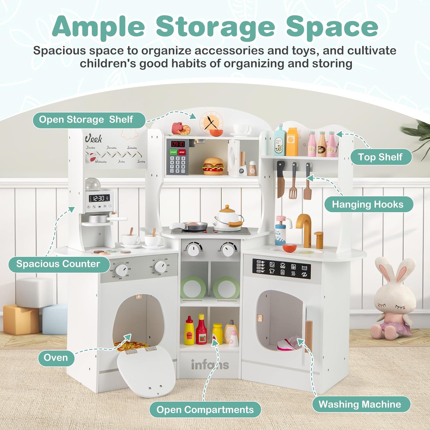 OLAKIDS Corner Kids Kitchen Playset, Toddler Wooden Pretend Cooking Set with Lights Sounds Coffee Machine Washing Dishwasher, Stove Removable Sink Storage, Simulation Play Kitchen Toy