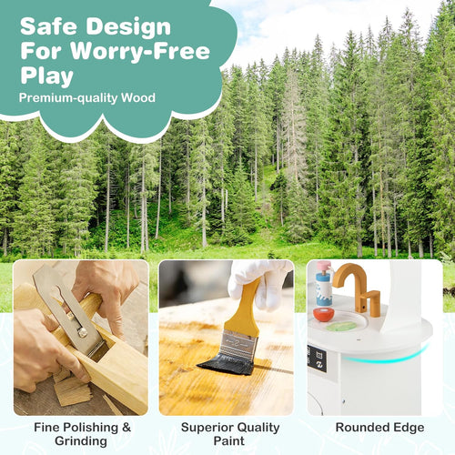 OLAKIDS Corner Kids Kitchen Playset, Toddler Wooden Pretend Cooking Set with Lights Sounds Coffee Machine Washing Dishwasher, Stove Removable Sink Storage, Simulation Play Kitchen Toy