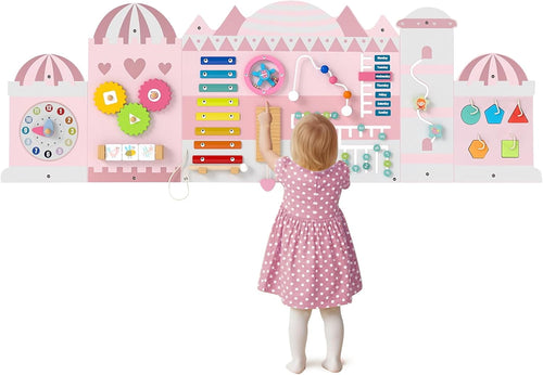 Olakids 11-in-1 Montessori Busy Board, Pink Castle Sensory Wall for Toddlers