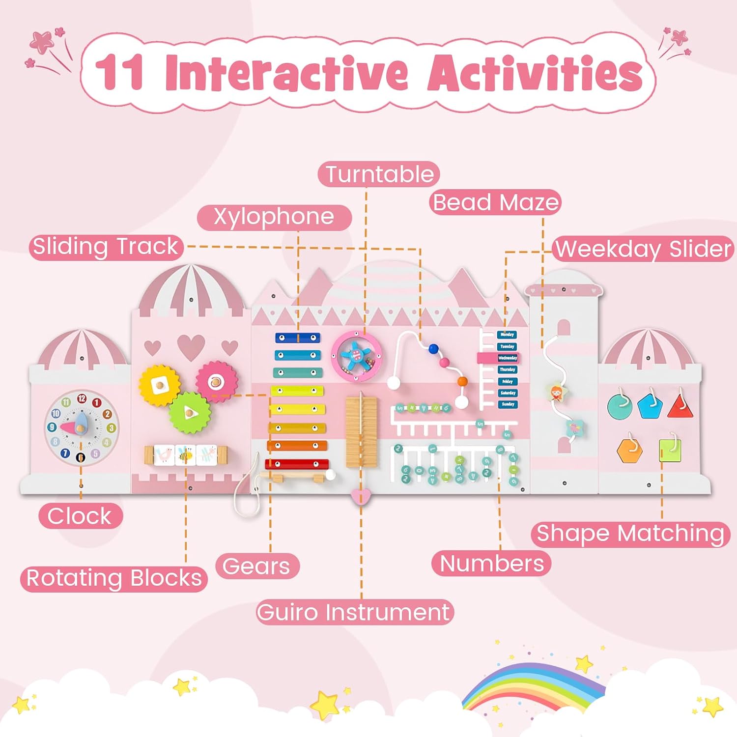 Olakids 11-in-1 Montessori Busy Board, Pink Castle Sensory Wall for Toddlers
