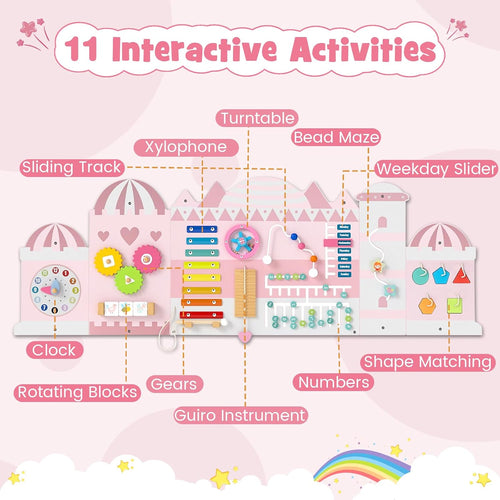 Olakids 11-in-1 Montessori Busy Board, Pink Castle Sensory Wall for Toddlers