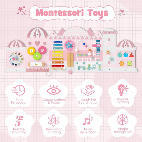 Olakids 11-in-1 Montessori Busy Board, Pink Castle Sensory Wall for Toddlers